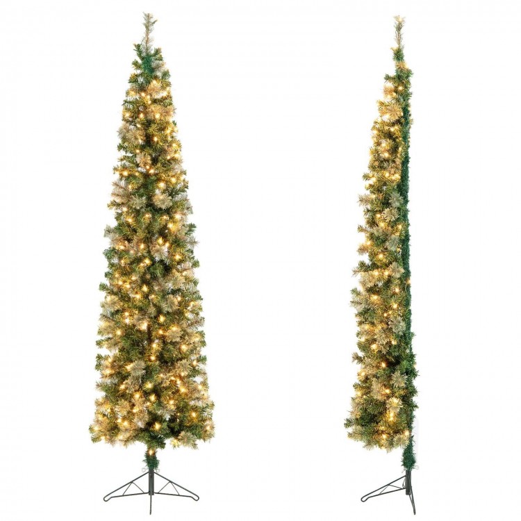 7 feet half Christmas tree with pine needles, 150 warm white lights, and a sturdy metal base for space-saving holiday.