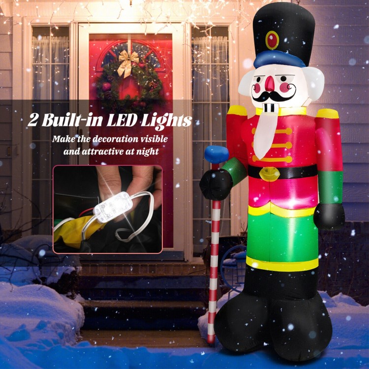 Inflatable 8-foot Nutcracker Soldier with 2 LED lights, made of durable polyester, perfect for outdoor Christmas decor.