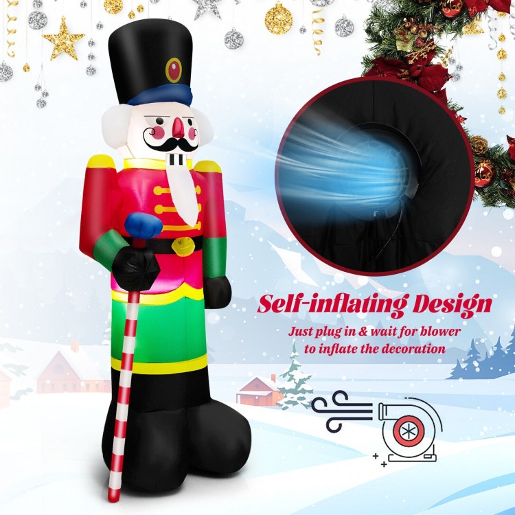 Inflatable 8-foot nutcracker soldier with 2 LED lights, designed for outdoor use, featuring a self-inflating blower.