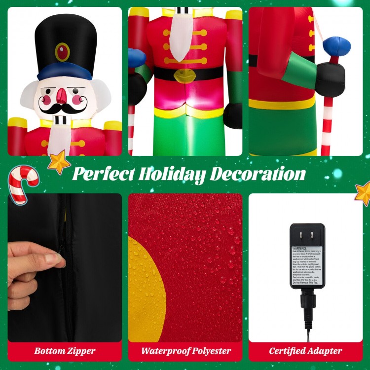 8 feet inflatable nutcracker soldier with 2 LED lights, made of waterproof polyester, perfect for outdoor holiday.