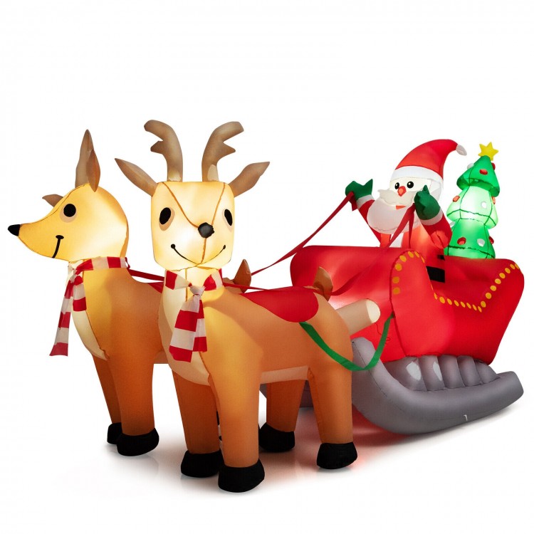 Inflatable Santa on sled with two reindeer, 7.2 feet long, featuring LED lights for festive outdoor decoration.