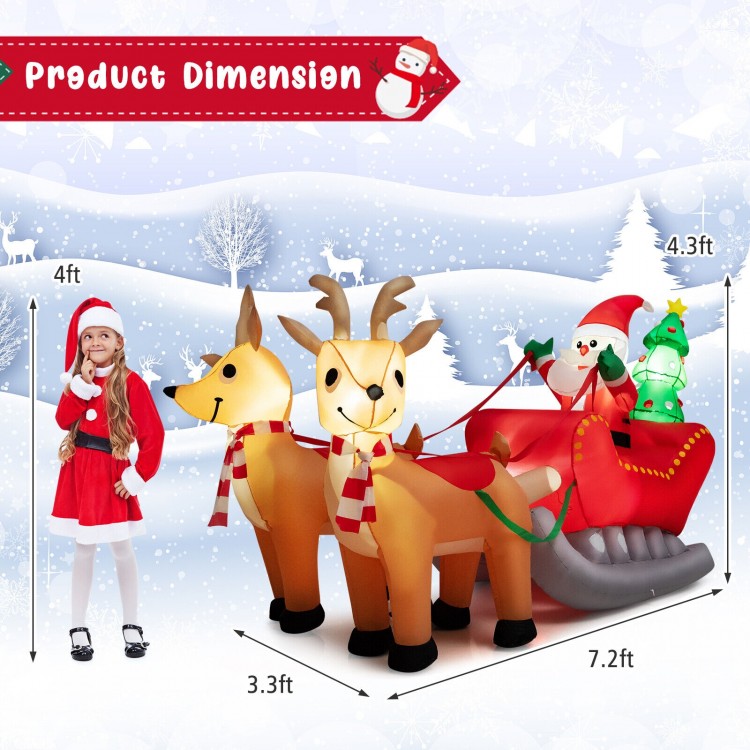 Dimensions of the 7.2 feet long inflatable Santa sled with reindeer, perfect for outdoor Christmas decoration.