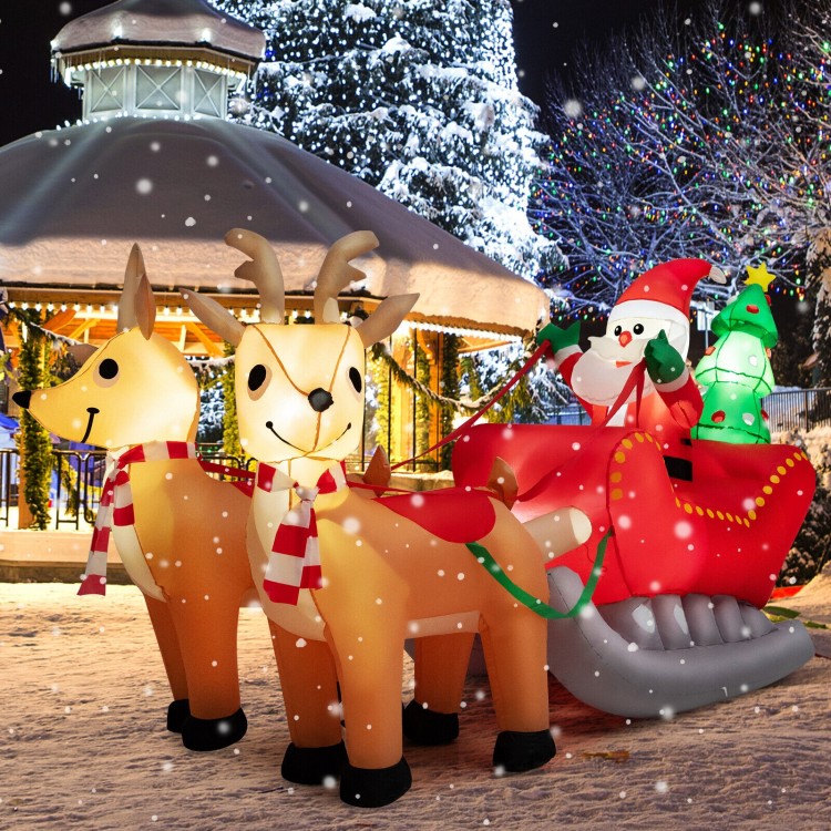 Side view of the inflatable Santa with sled and two reindeer, 7.2 feet long, designed for vibrant Christmas yard.