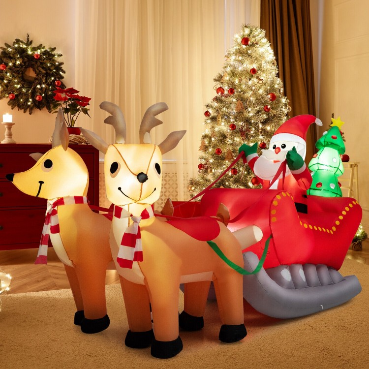 Close-up of the adorable inflatable reindeer with festive scarf, part of the 7.2 feet long Santa sled for holiday cheer.