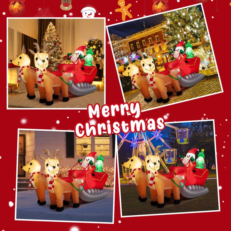 Inflatable Santa on sled with 2 reindeer, 7.2 feet long, featuring bright LED lights for festive outdoor decoration.