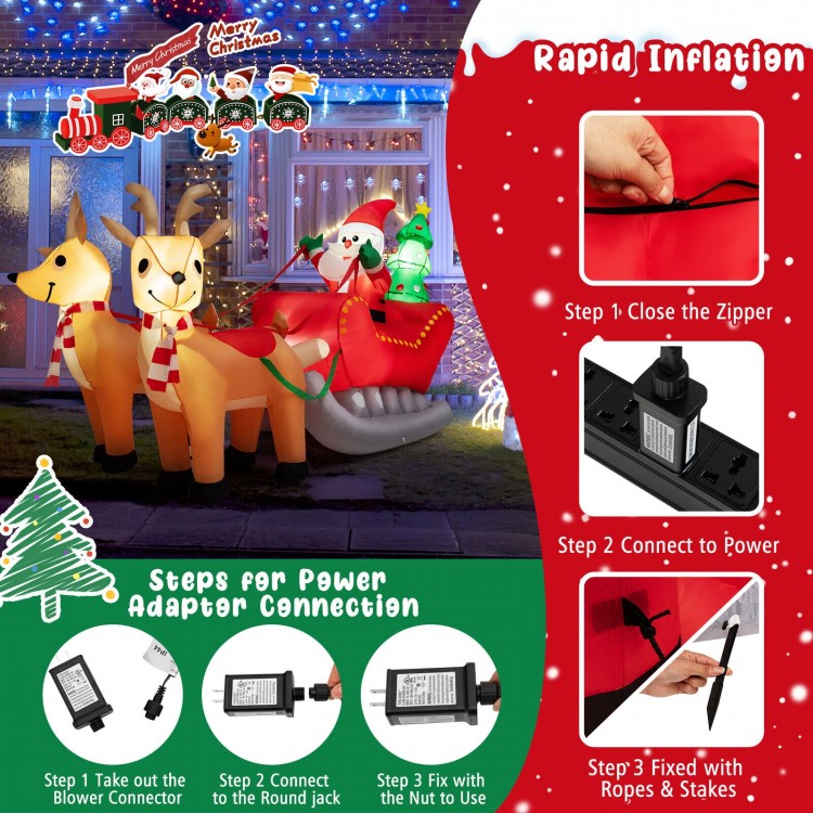 Inflatable Santa on sled with 2 reindeer, 7.2 feet long, LED lights, perfect for outdoor Christmas yard decoration.