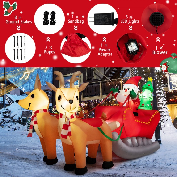Adorable inflatable reindeer with festive scarf, part of 7.2 feet Santa sled, ideal for cheerful holiday yard decor.