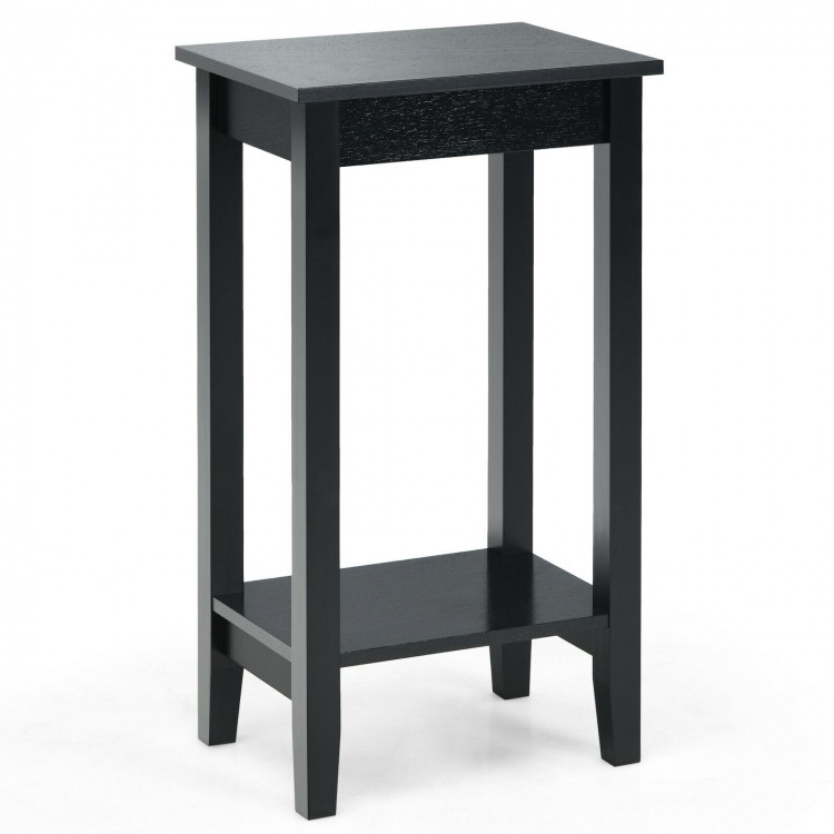 Black 2-tier nightstand with solid wood legs, featuring a tabletop and shelf for versatile storage in any room.