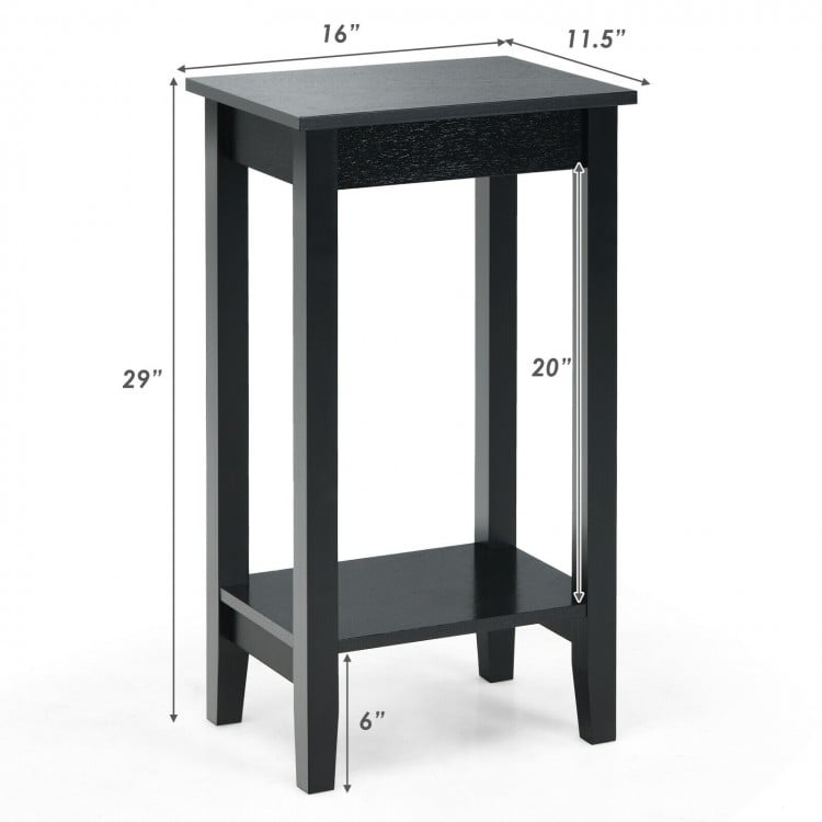 Black 2-tier nightstand with solid wood legs, featuring a tabletop and shelf for storage, ideal for bedroom use.