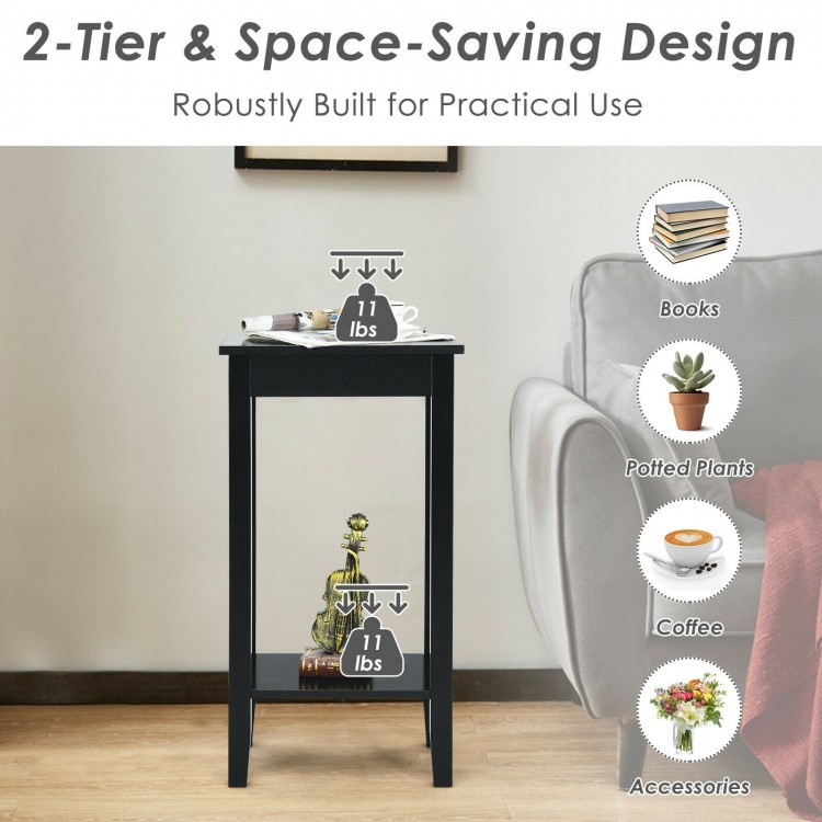2-tier black nightstand with solid wood legs, offering ample storage for books and decor, perfect for bedroom or living.