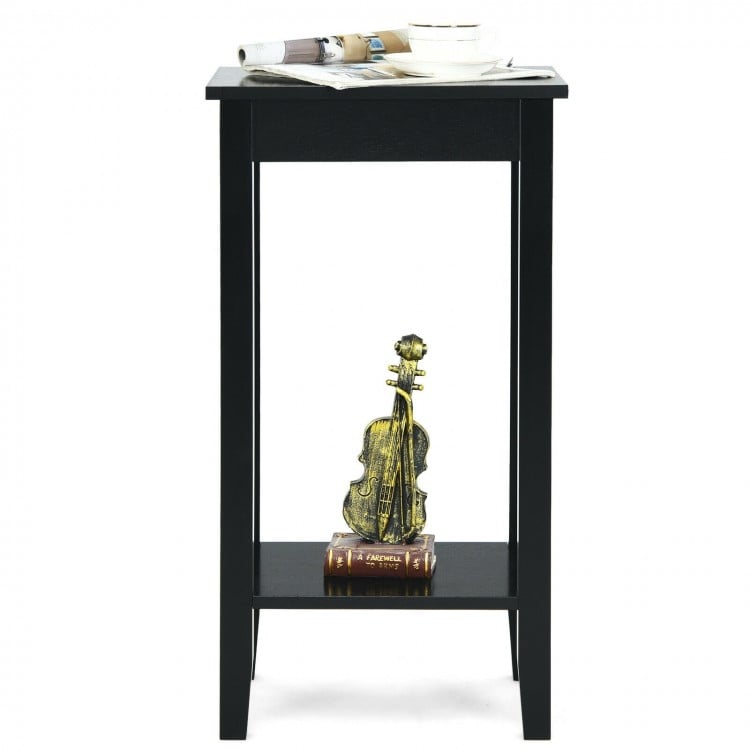 Black 2-tier nightstand with solid wood legs, featuring ample storage space for bedroom or living room use.
