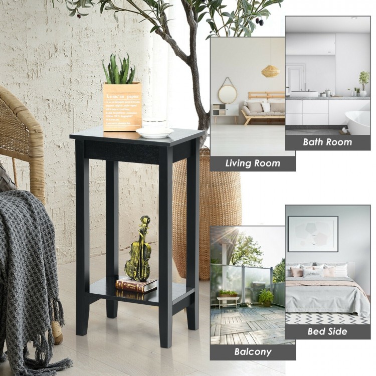 2-tier black nightstand with solid wood legs, ideal for bedside or sofa side storage in any room.