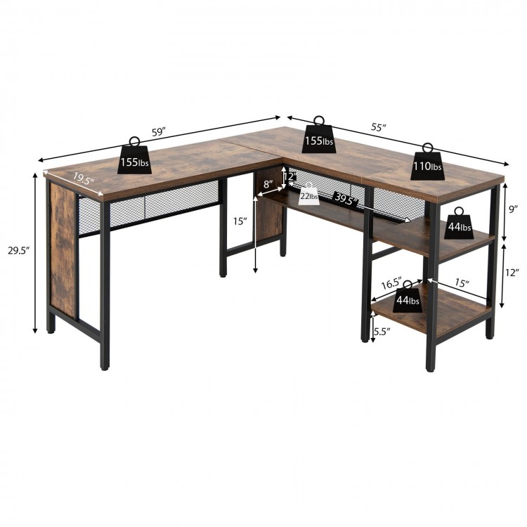 L-shaped corner computer desk in rustic brown with spacious tabletop and three storage shelves for home or office use.