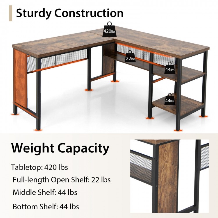 L-shaped corner computer desk in rustic brown with three shelves, sturdy steel frame, and large weight capacity for.