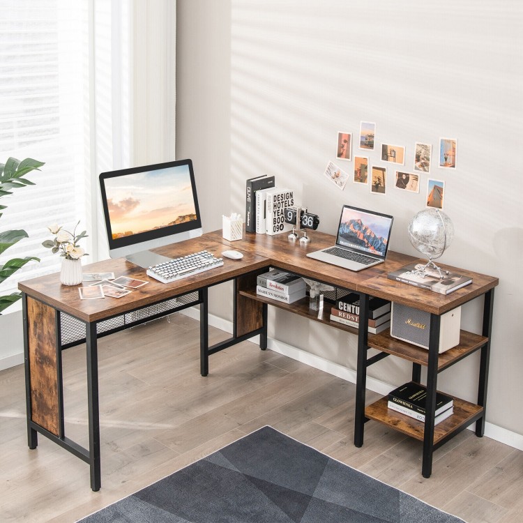 L-shaped industrial corner computer desk in rustic brown with storage shelves and adjustable foot pads for stability.