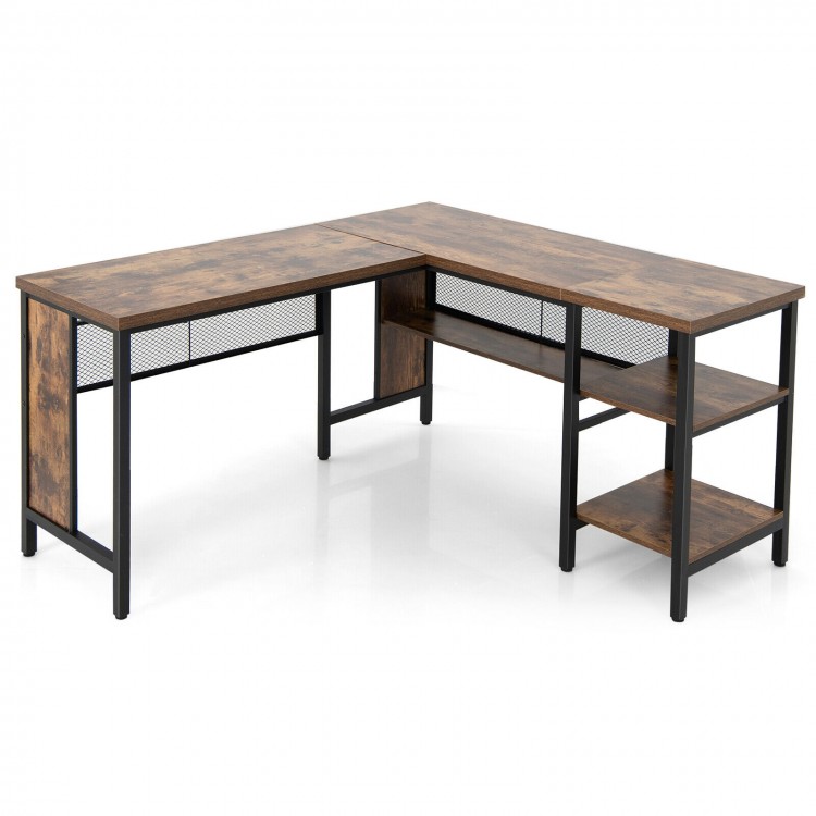 L-shaped industrial computer desk in rustic brown with storage shelves and durable steel frame for home or office use.