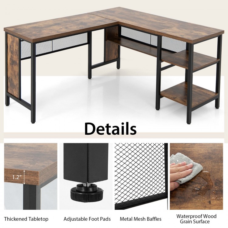 L-shaped rustic brown computer desk with metal mesh baffles and adjustable foot pads, ideal for home office storage.