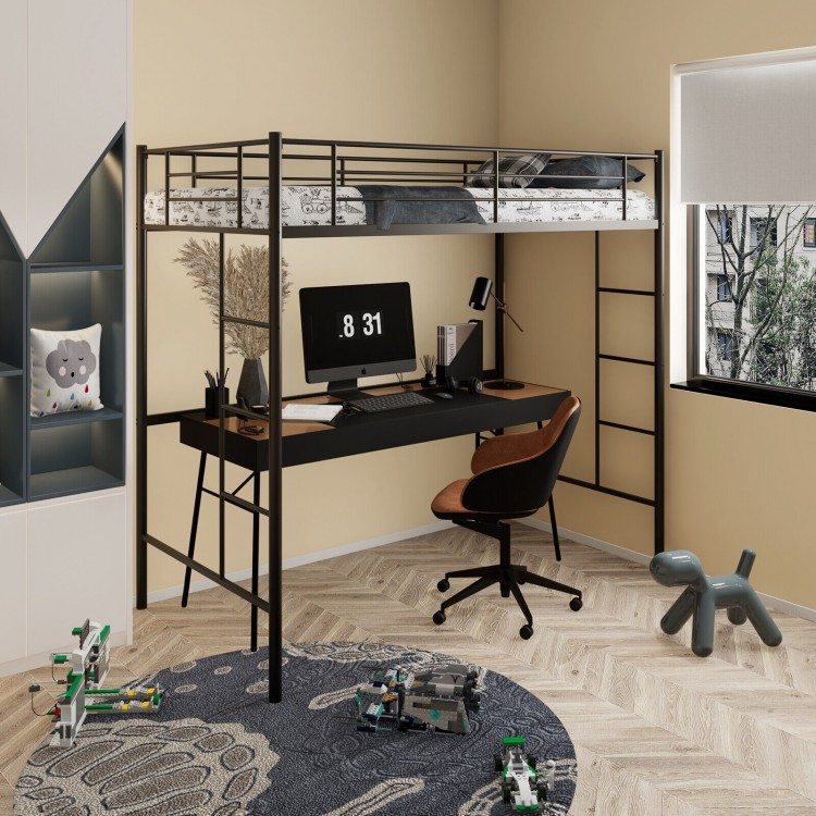 Twin size metal loft bed in black with full-length guardrails and two ladders, ideal for small rooms and workspace.