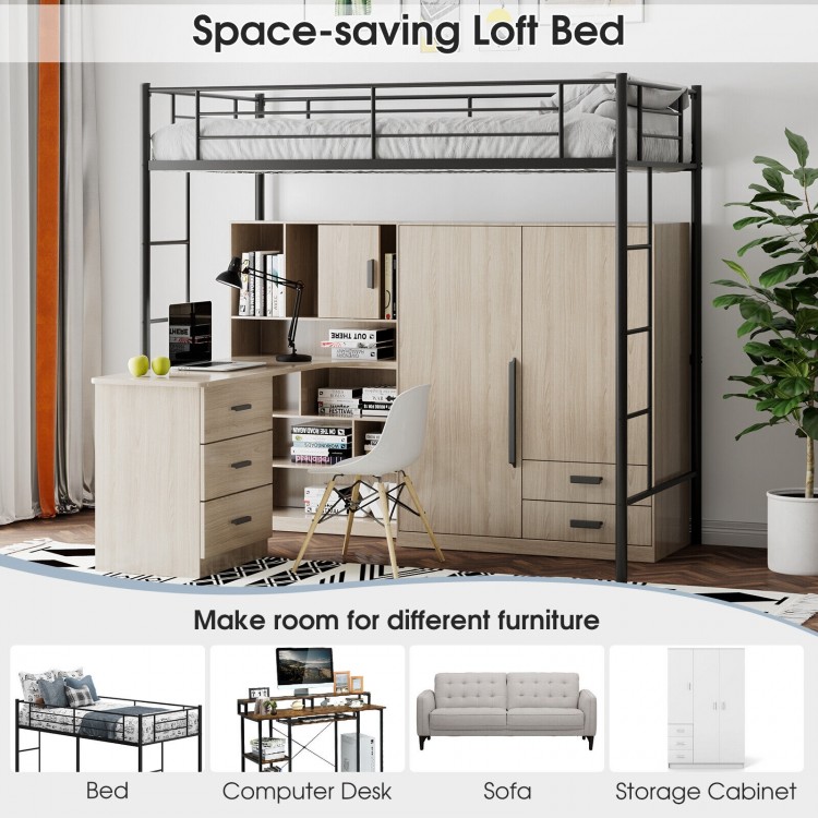Twin size metal loft bed in black with full-length guardrails and 2 ladders, perfect for small rooms and maximizing.