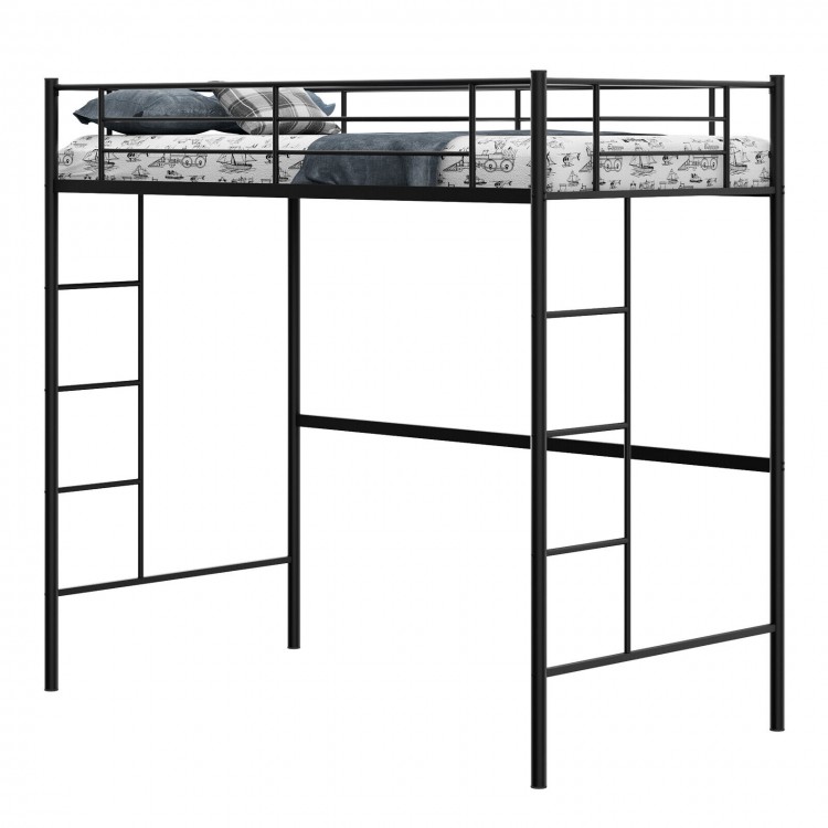 Twin size metal loft bed in black with full-length guardrails and two ladders, ideal for small rooms and maximizing.