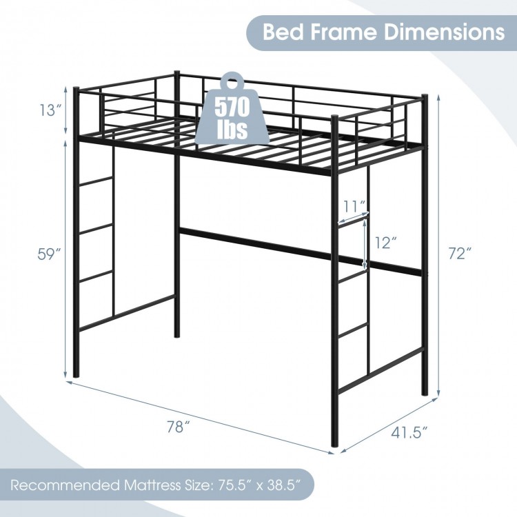 Twin size metal loft bed with full-length guardrails and two ladders, featuring a 570 lbs capacity and under-bed space.