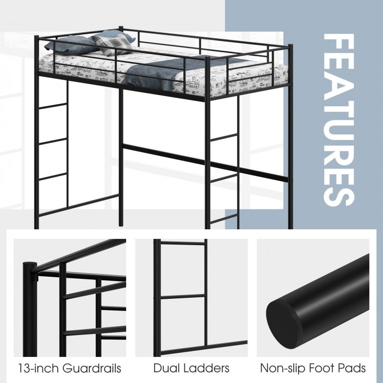 Twin size metal loft bed in black with full-length guardrails and dual ladders, ideal for small rooms and safety.