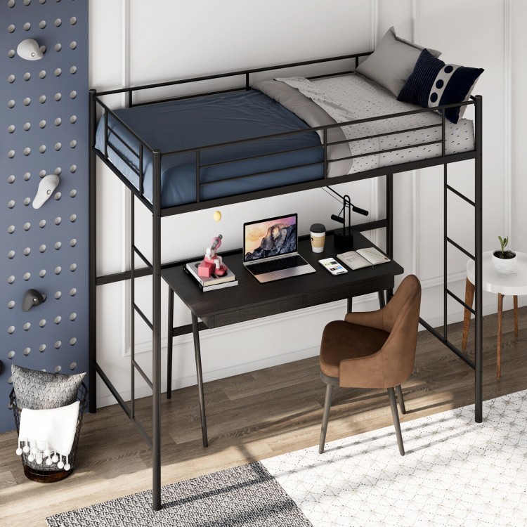 Twin size metal loft bed in black with full-length guardrails and under-bed desk space for small rooms.