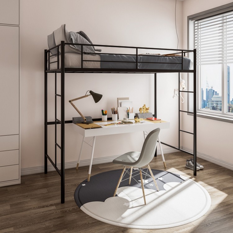 Twin size metal loft bed in black with full-length guardrails and two ladders, ideal for small rooms and under-bed.