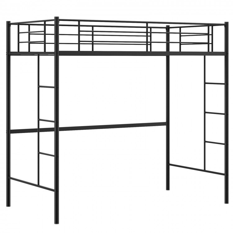Twin size metal loft bed in black with full-length guardrails and two ladders, ideal for space-saving in small rooms.
