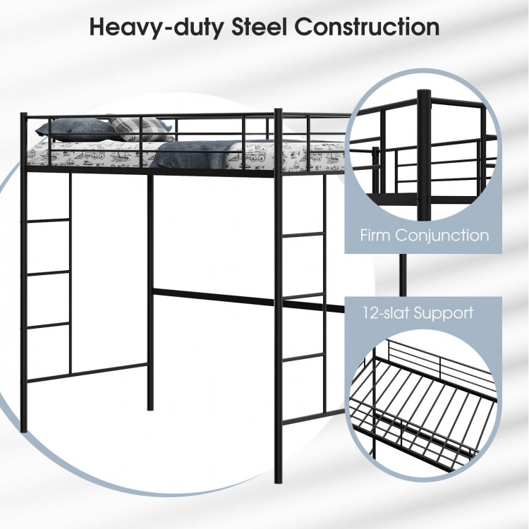 Twin size metal loft bed in black with full-length guardrails and two ladders for safe, space-saving sleeping.