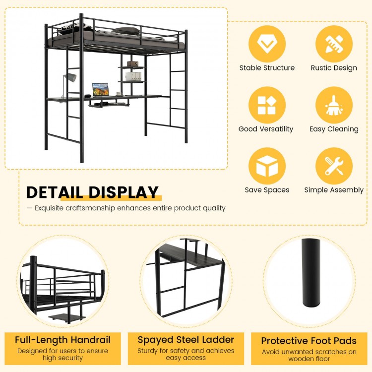 Twin size loft bunk bed in black with desk, full-length guardrails, and steel ladder for safety and space-saving.
