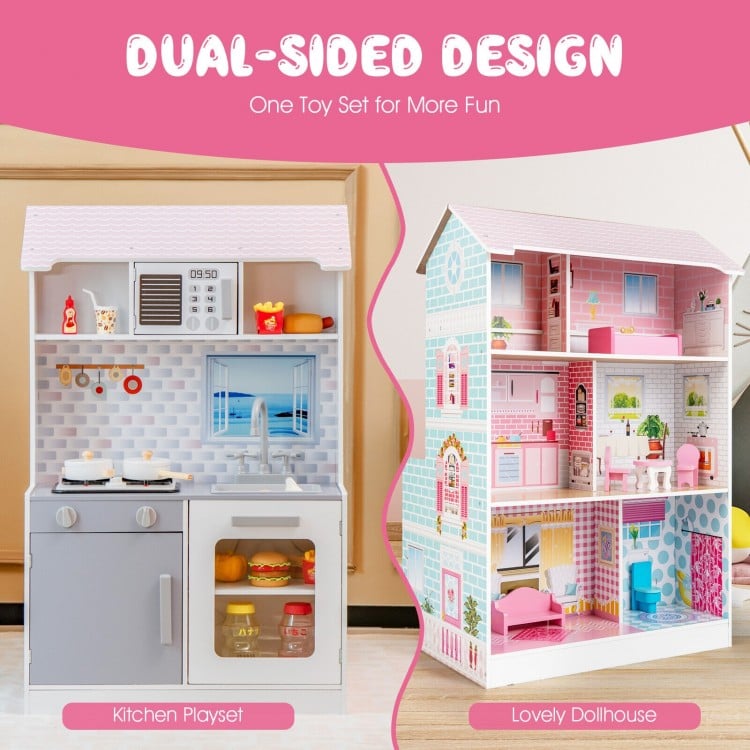 2-in-1 kids kitchen playset and dollhouse featuring realistic lights, sounds, and cute furniture for imaginative play.
