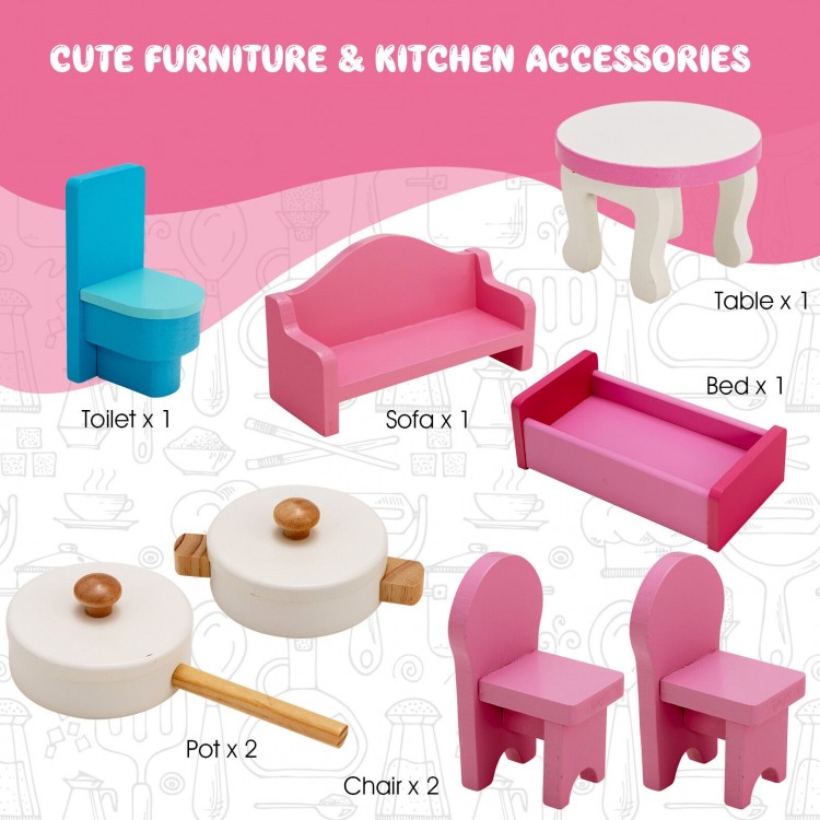 Colorful kids' furniture set including a sofa, chairs, table, and kitchen accessories for imaginative play.