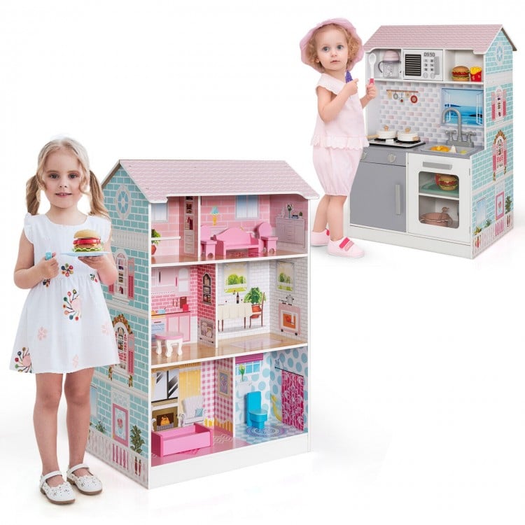 Multi-layer dollhouse side of the 2-in-1 playset showcasing vibrant rooms and cute furniture for imaginative play.