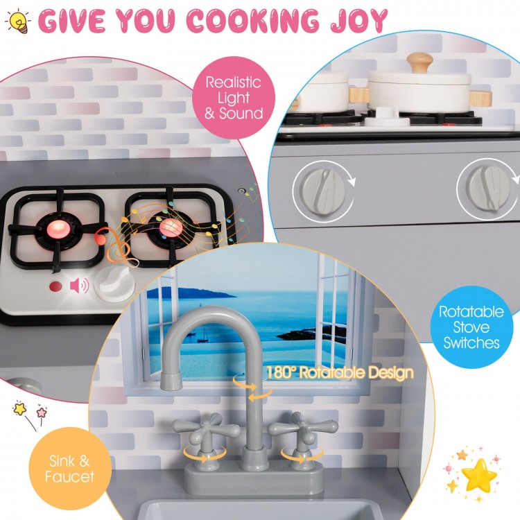 Kids kitchen playset with realistic stove lights and sounds, featuring rotatable switches and a sink for imaginative.