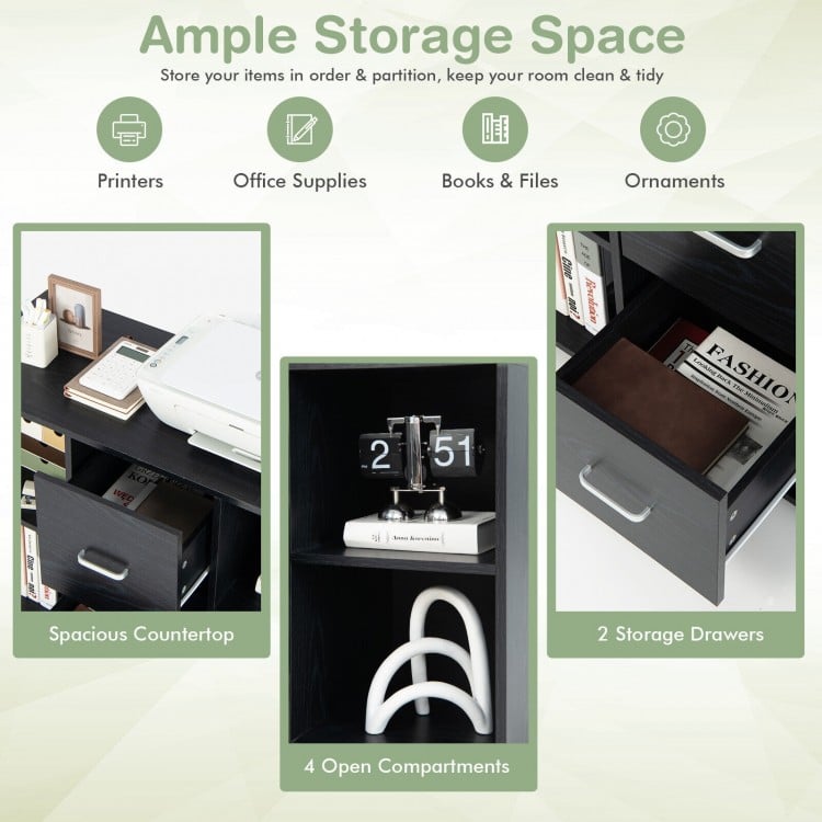 Mobile file cabinet in black with 2 drawers and 4 open compartments, ideal for organizing office supplies and printers.