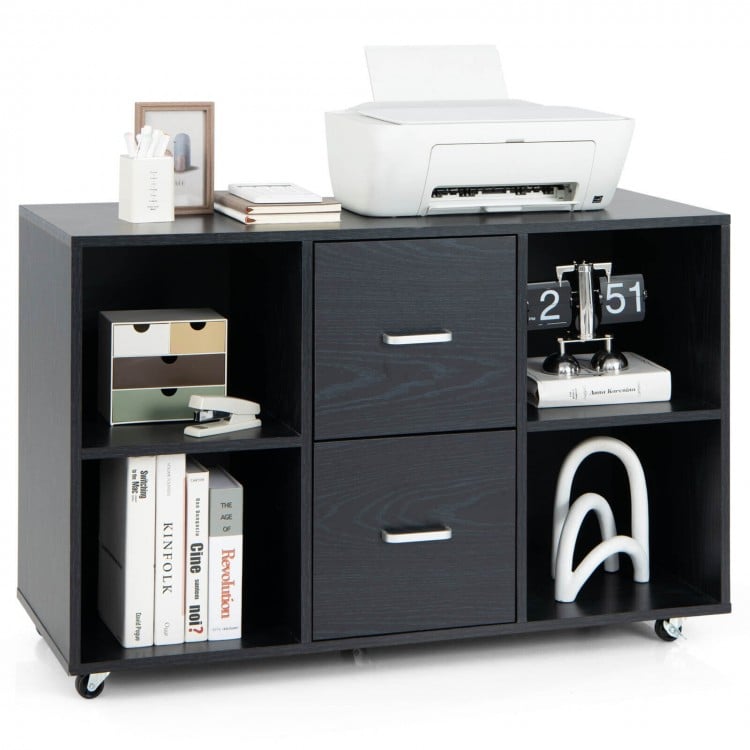 Mobile file cabinet in black with a smooth waterproof surface, featuring 2 drawers and 4 open compartments for.