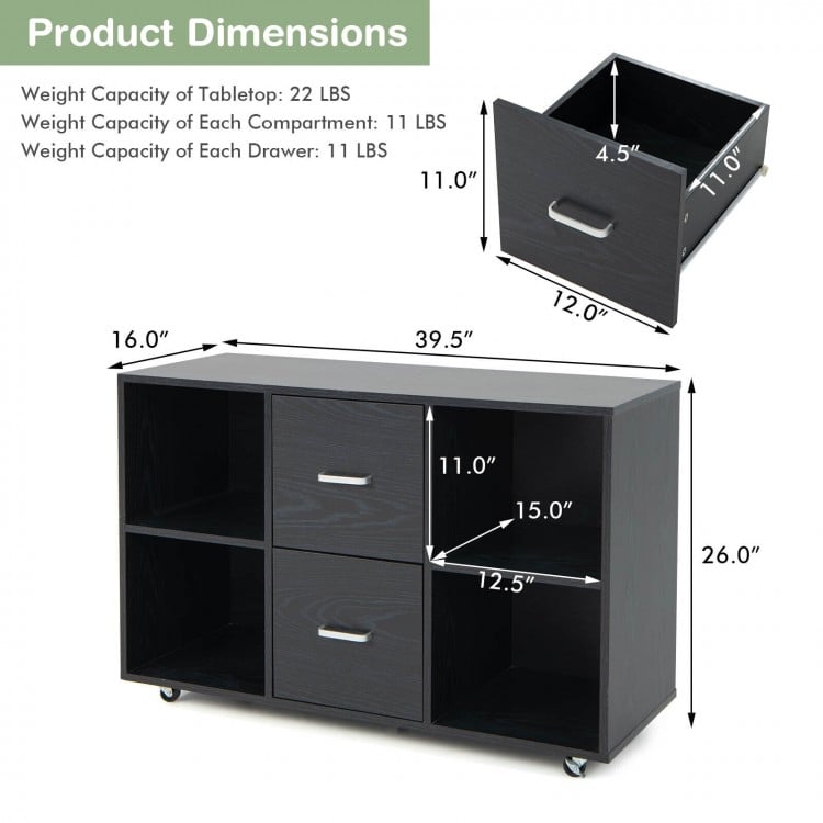 Mobile file cabinet in black with 2 drawers and 4 open compartments, ideal for office organization and easy mobility.