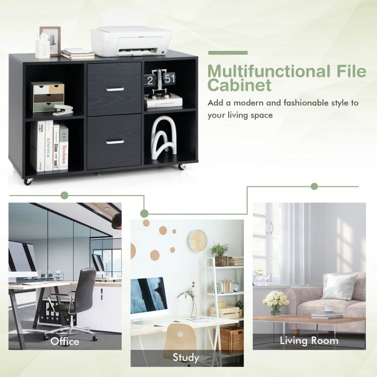 Wood mobile file cabinet in black with 360° swivel casters, featuring a stylish design and ample storage for office.