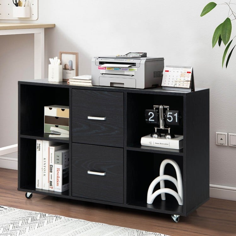 Black wood mobile file cabinet featuring a spacious tabletop for office machines, with 2 drawers and 4 open.