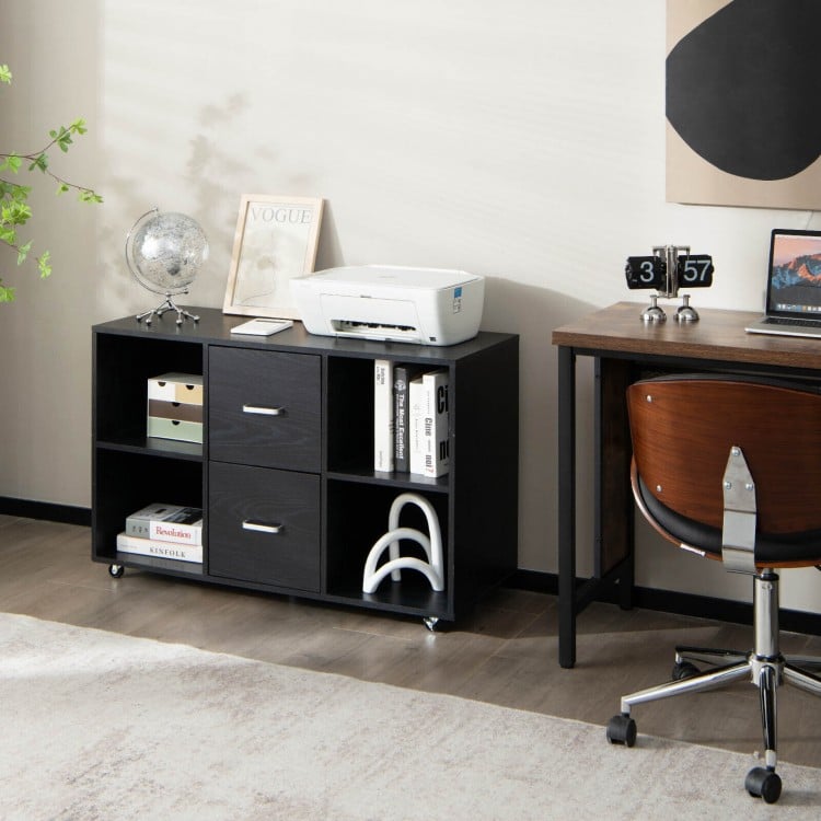Black wood mobile file cabinet showcasing 4 open compartments and a spacious top for printers, ensuring efficient.