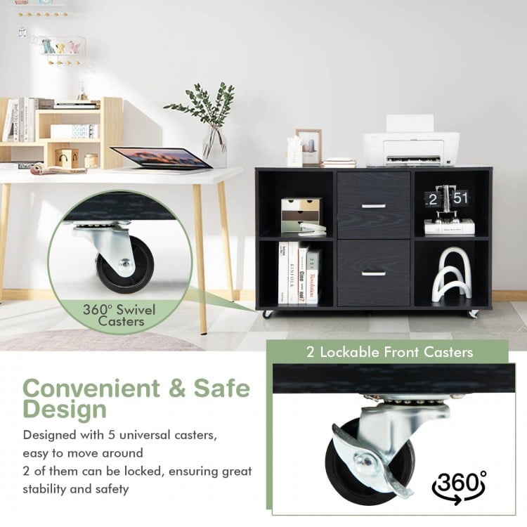 Mobile file cabinet with 2 drawers and 4 open compartments, featuring 360° swivel casters for easy movement and.