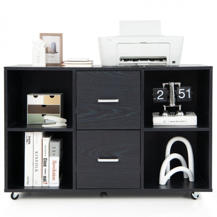 Mobile file cabinet in black with 2 drawers and 4 open compartments, perfect for office organization and easy mobility.
