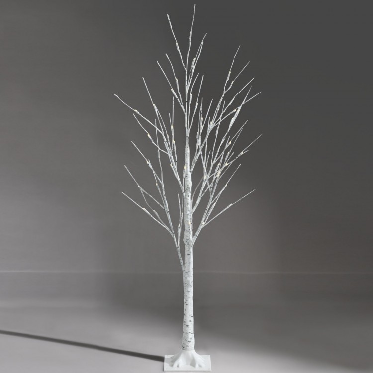 Pre-lit 4 ft white twig birch tree with 48 LED lights, flexible branches for customizable holiday decor.
