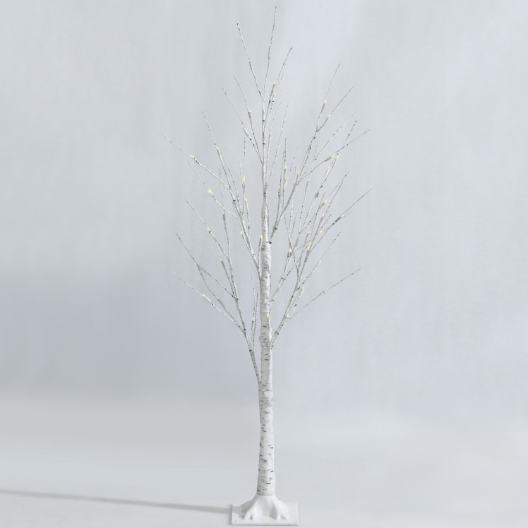 4 ft pre-lit white birch tree with 48 LED lights and bendable branches, ideal for creating a festive indoor atmosphere.