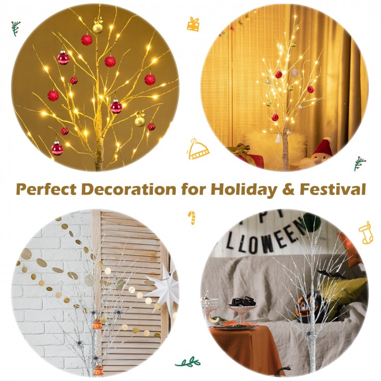Pre-lit 4 ft white twig birch tree with 48 LED lights, perfect for indoor holiday and festival decoration.