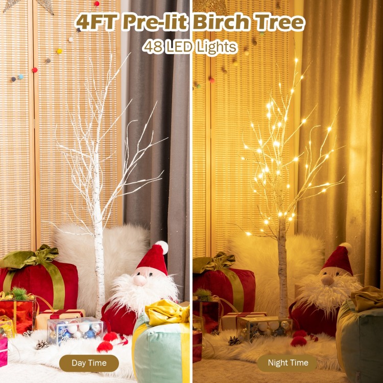 4FT pre-lit white twig birch tree with 48 LED lights, perfect for festive indoor holiday decoration.