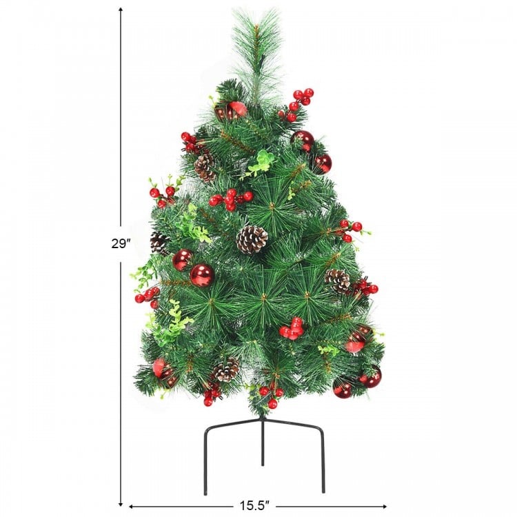 29-inch battery-powered pre-lit Christmas tree with ornaments and pine cones, perfect for festive outdoor decoration.