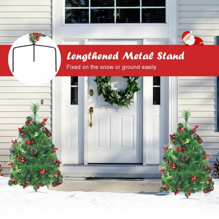 Set of 2 pre-lit 29-inch Christmas trees with vivid ornaments and a sturdy metal stand for festive outdoor decoration.