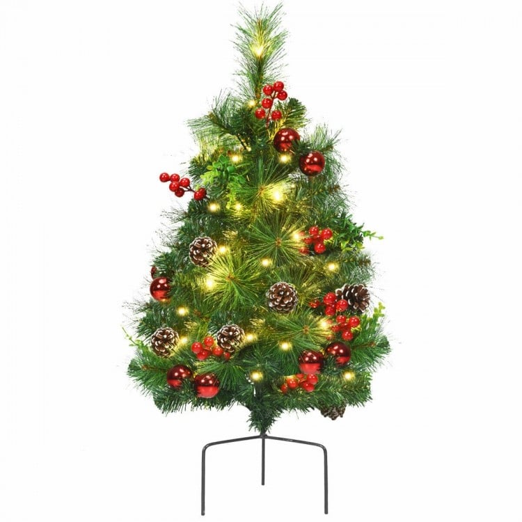 29-inch pre-lit Christmas tree with red ornaments, pine cones, and lights, perfect for festive outdoor decoration.